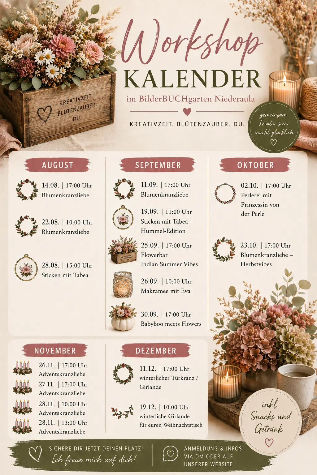 Workshopkalender mit Blumen, Kerzen und Tassen in Beige und Rosa, einladend